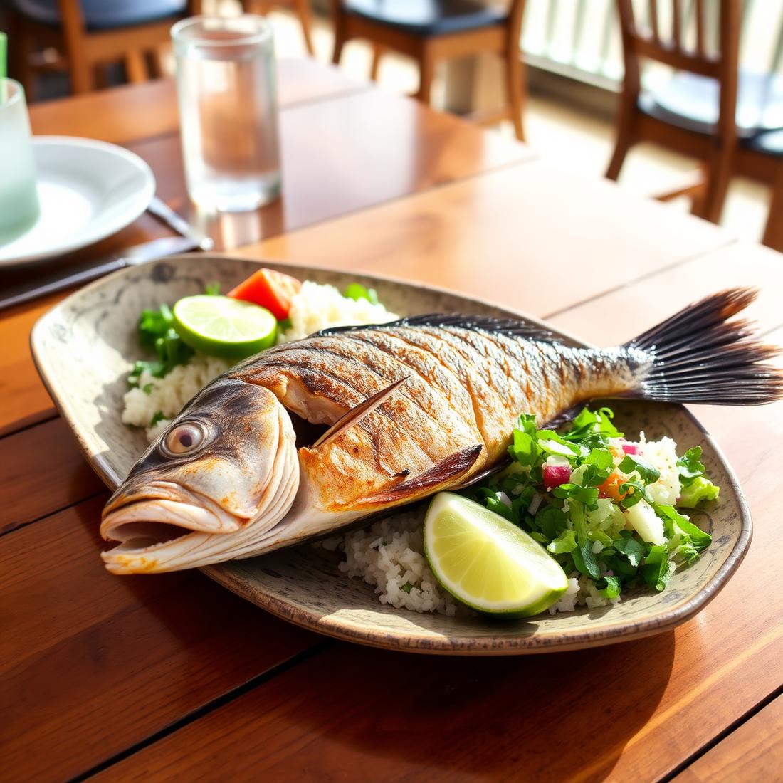 Grilled whole fish with lime and rice on a rustic plate