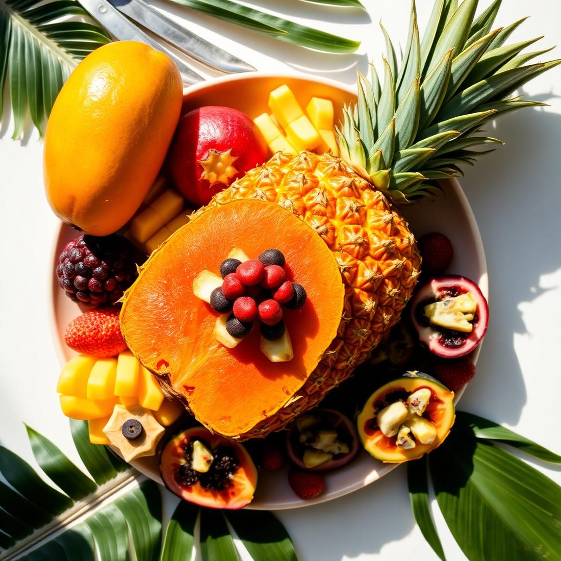 Platter of tropical fruit including mango, papaya and pineapple