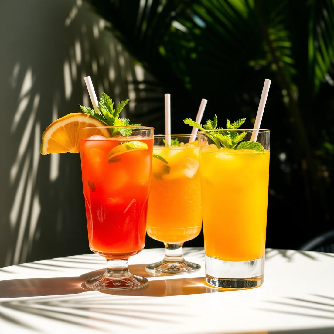 Three glasses of fresh tropical juice in palm shade