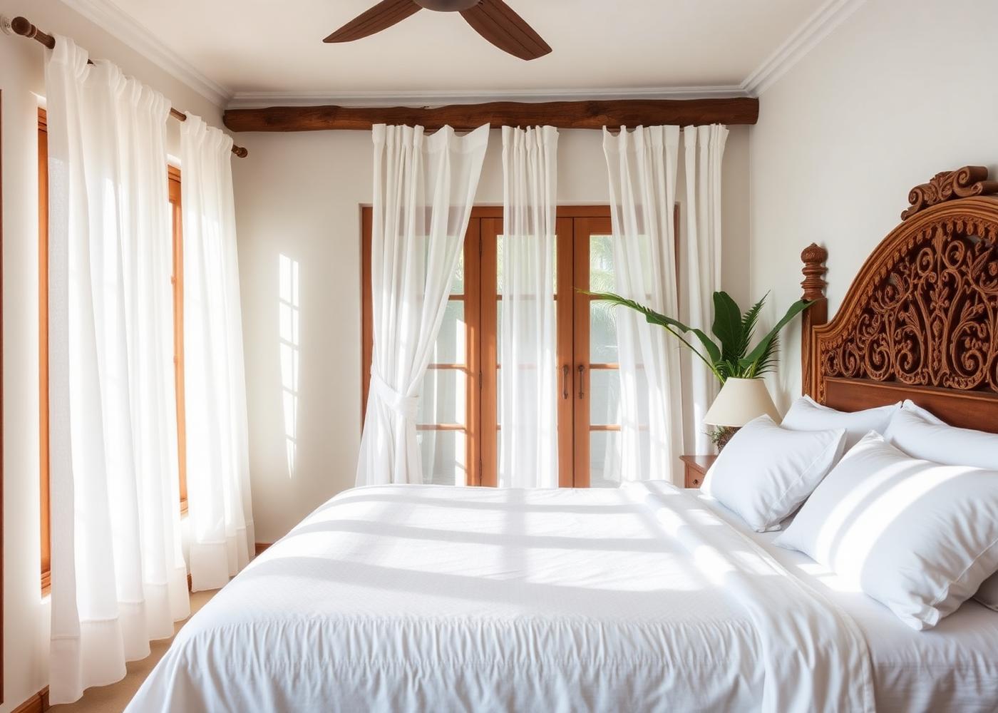 Bedroom with white linen and a carved wooden headboard