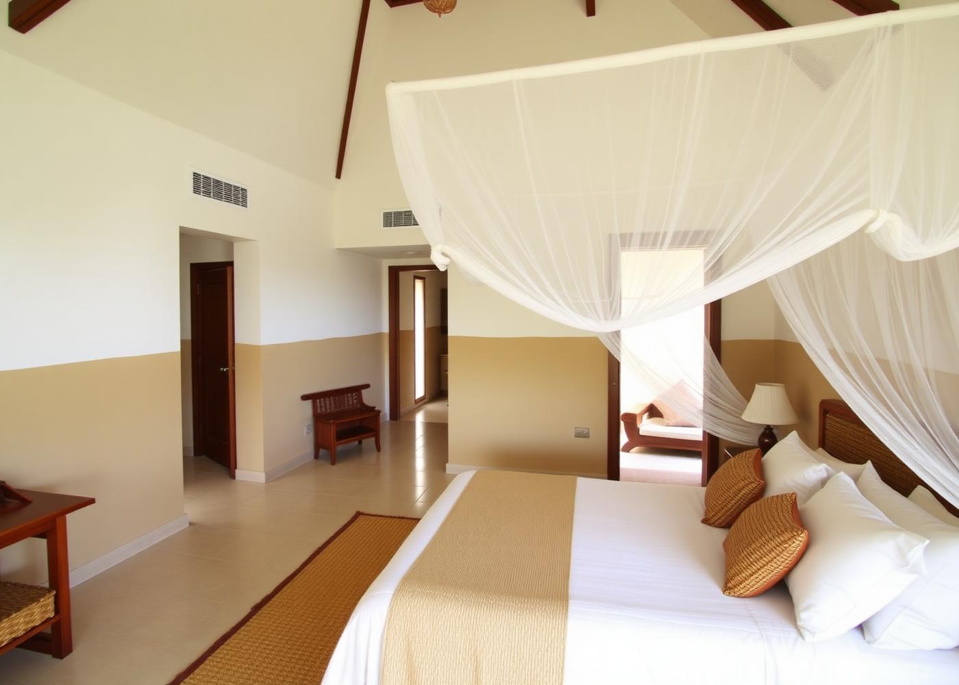 Spacious suite with canopy bed and high pitched ceiling