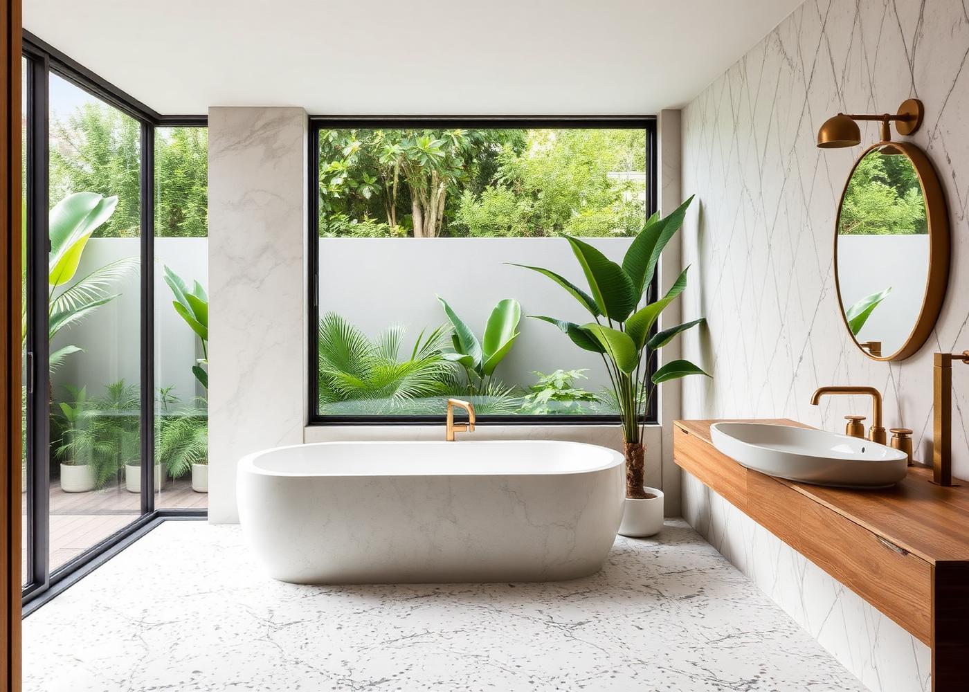 Bright bathroom with freestanding tub and garden window