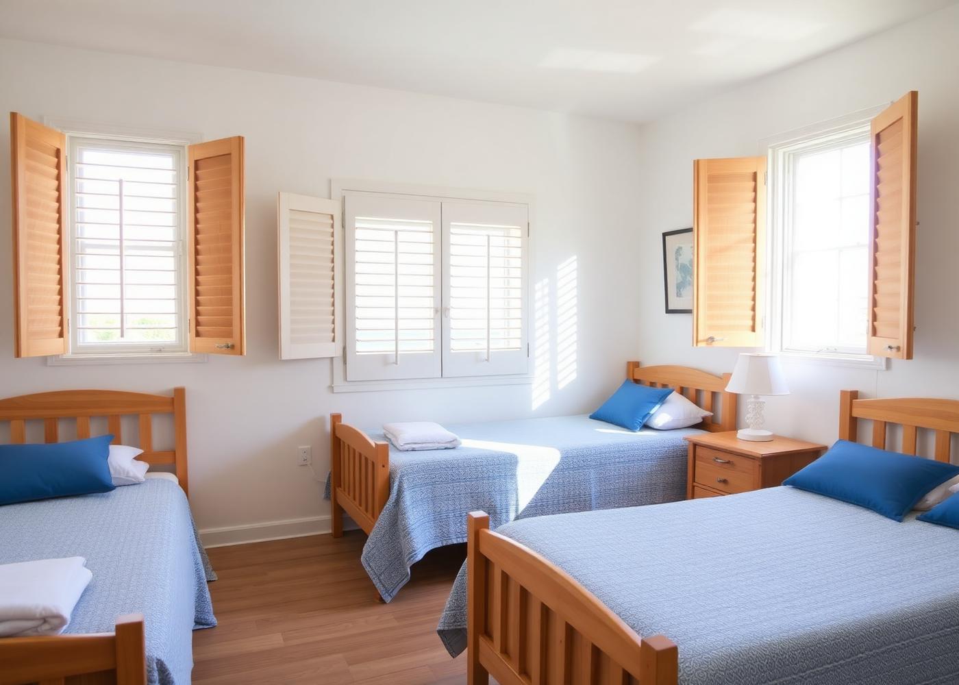 Bright family room with wooden shutters and blue bed linen