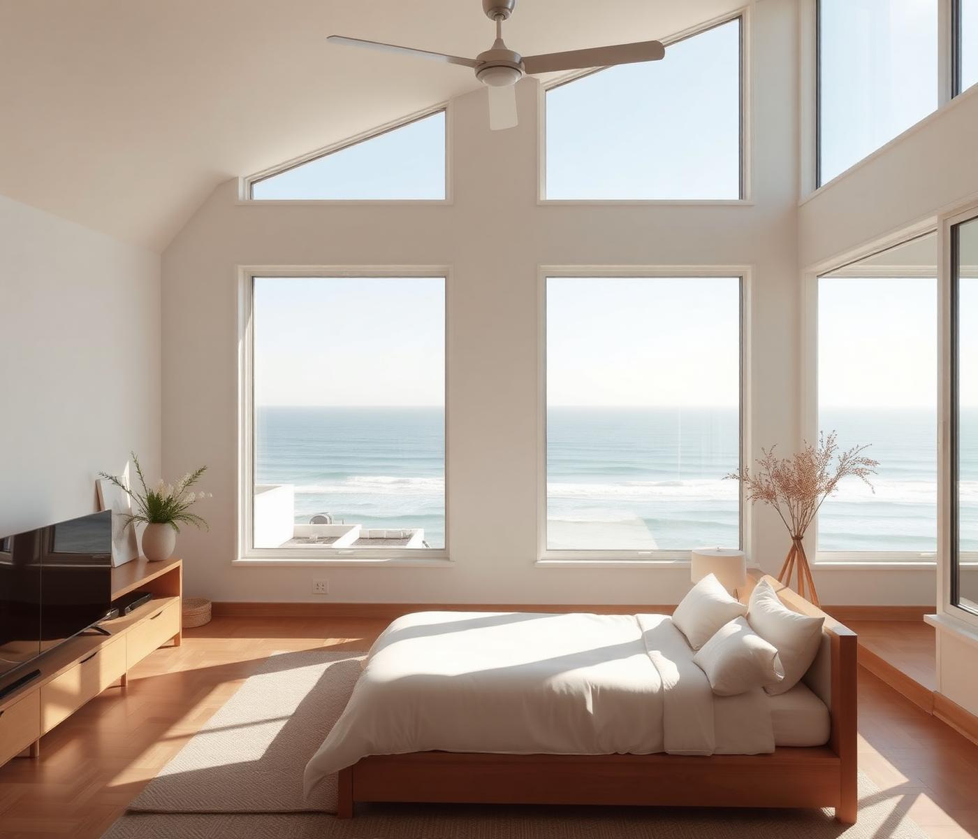 Studio room with tall windows facing the ocean